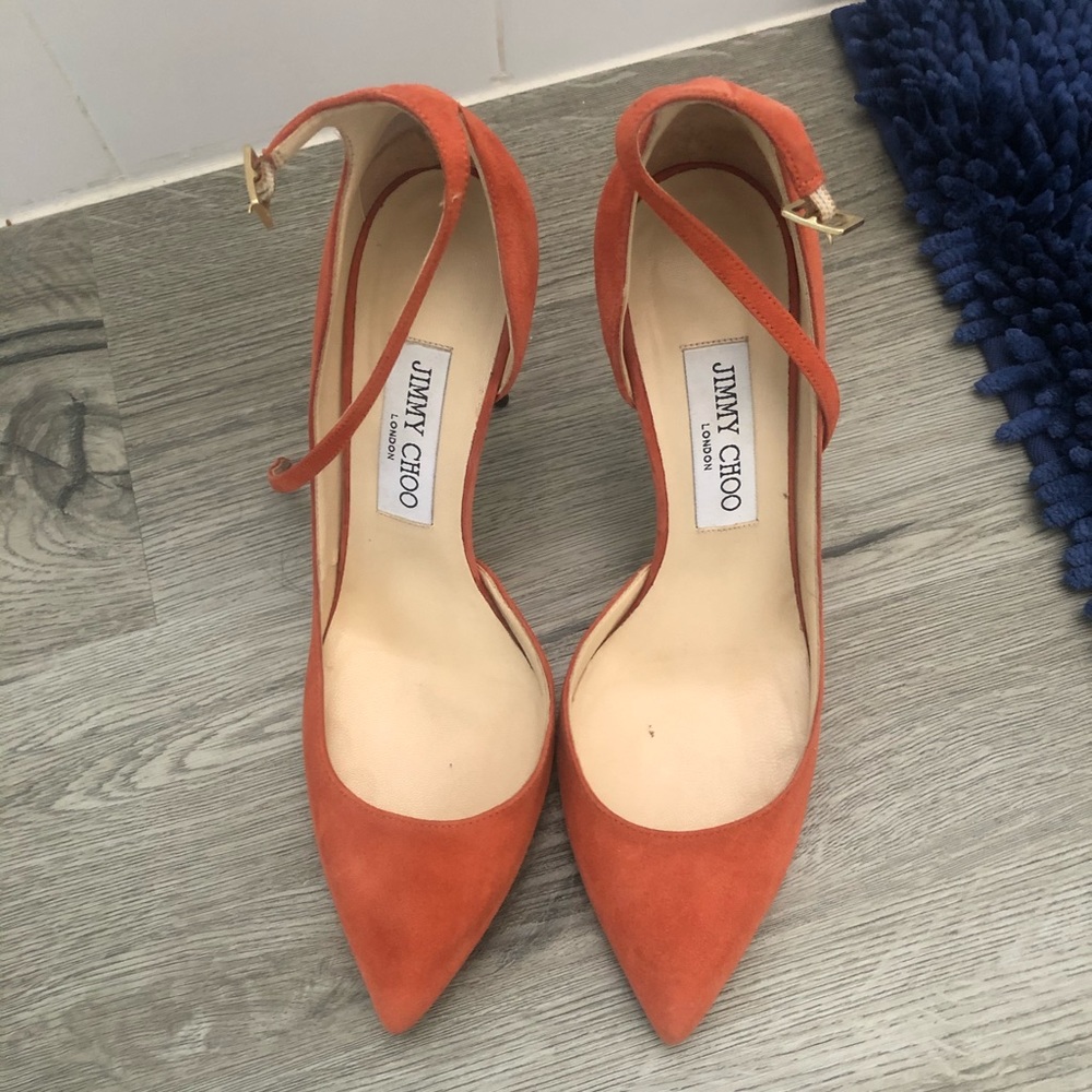 Jimmy Choo Orange Suede Ankle Strap Point Toe Pump